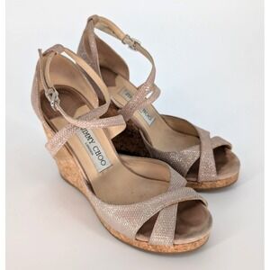 Jimmy Choo Alanah Wedge Sandal 38.5 Champagne Shimmer Cork Ankle Strap Glam